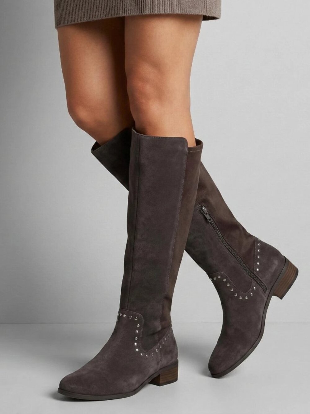 NIB!  SOLE SOCIETY Calvenia Iron Gray Suede Studded Knee High Boots Sz 8.5M